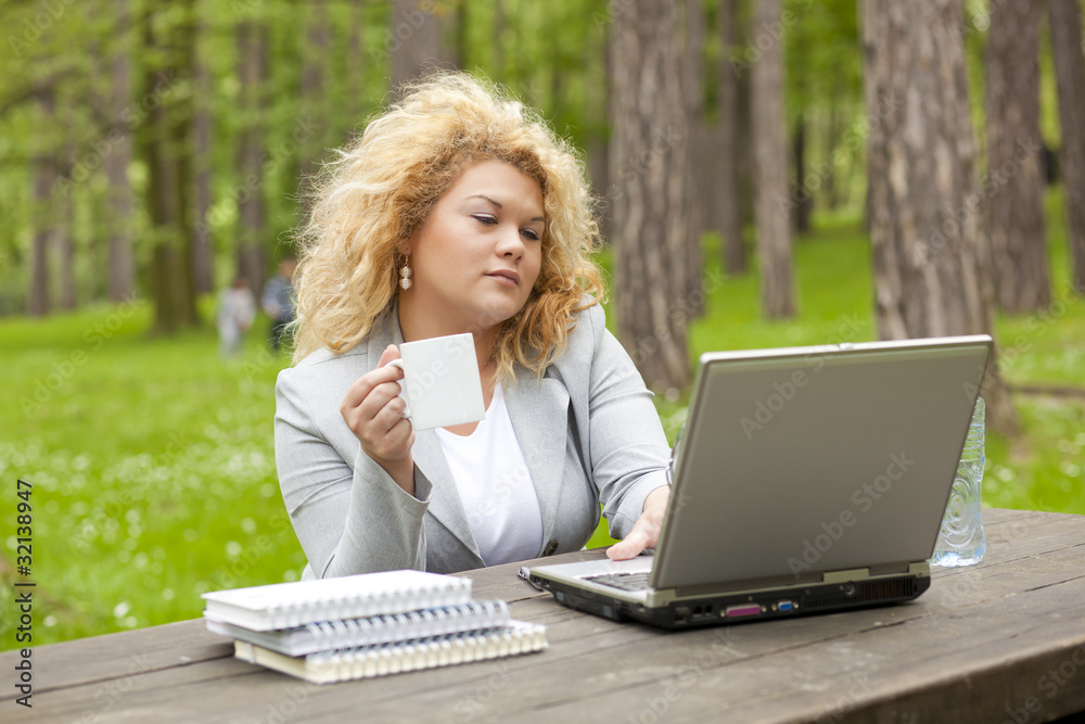 Woman using laptop in park Woman using laptop in park