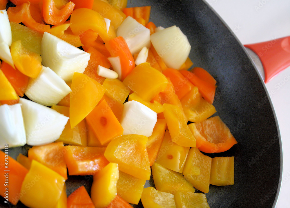Sweet Peppers & Onion In Frying Pan Sweet Peppers & Onion In Frying Pan