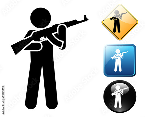 Man with firearm pictogram and signs