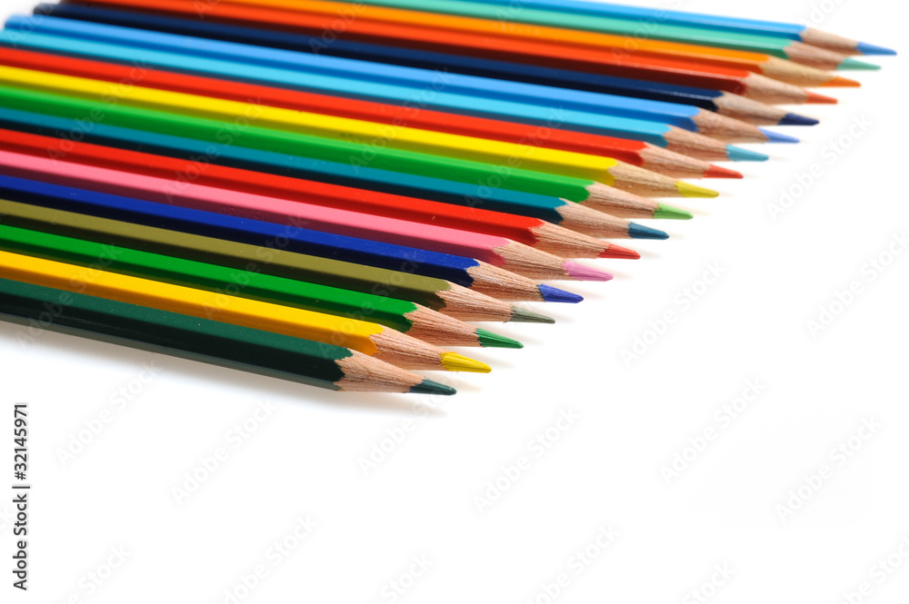 Many colorful school pencils isolated on white background