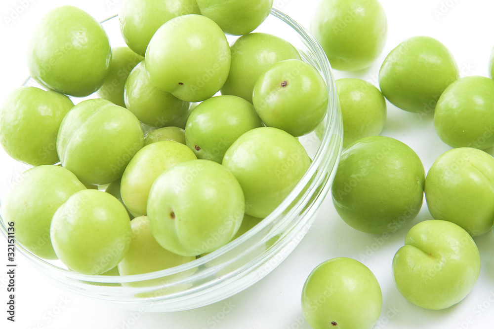 Green Plums Or Greengages In Bowl Isolated On White Green Plums Or Greengages In Bowl Isolated On White