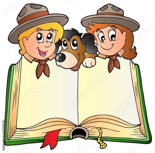 Opened book with two scouts and dog