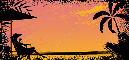 girl on beach. Vector silhouette banner