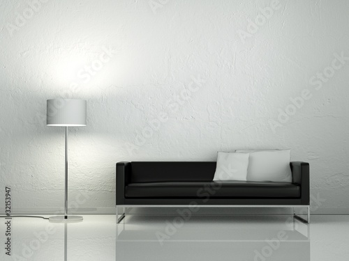 Schwarzes Ledersofa mit Stehlampe photo