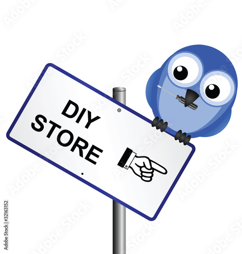 Comical DIY store sign with bird holding screwdriver