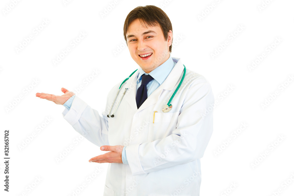 Welcome! Smiling young medical doctor inviting to cooperation Welcome! Smiling young medical doctor inviting to cooperation
