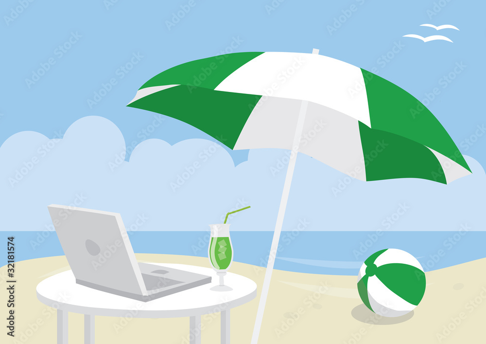 Computer with cocktail on idealistic beach landscape