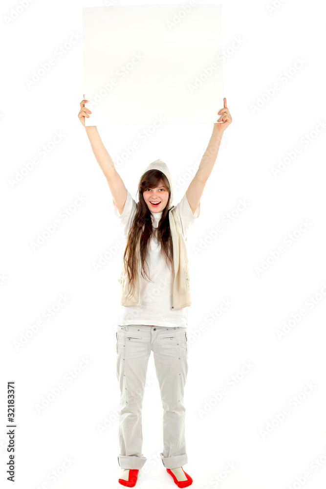 nice teenage girl rising big blank paper