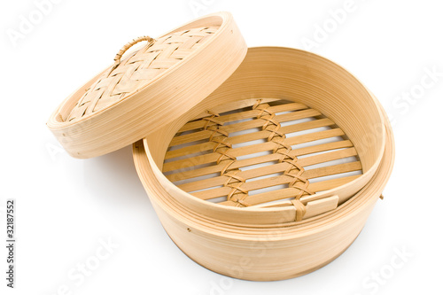 Foto Bamboo basket steamer with open lid