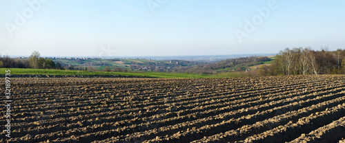 Panorama with plowed field on first plan