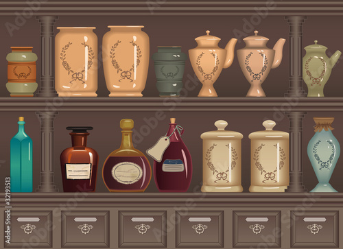 Vintage bottles and jars in the pharmacy cabinet