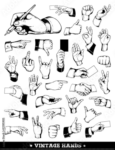Set of vintage hands. Retro styled design elements.