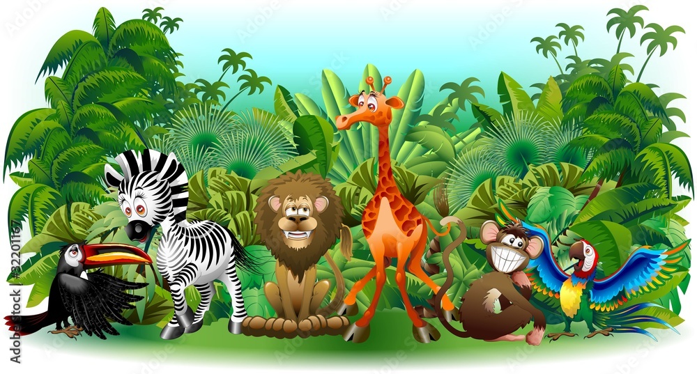 Obraz premium Cartoon Wild Animals Jungle-Wild Animals Background-Vector