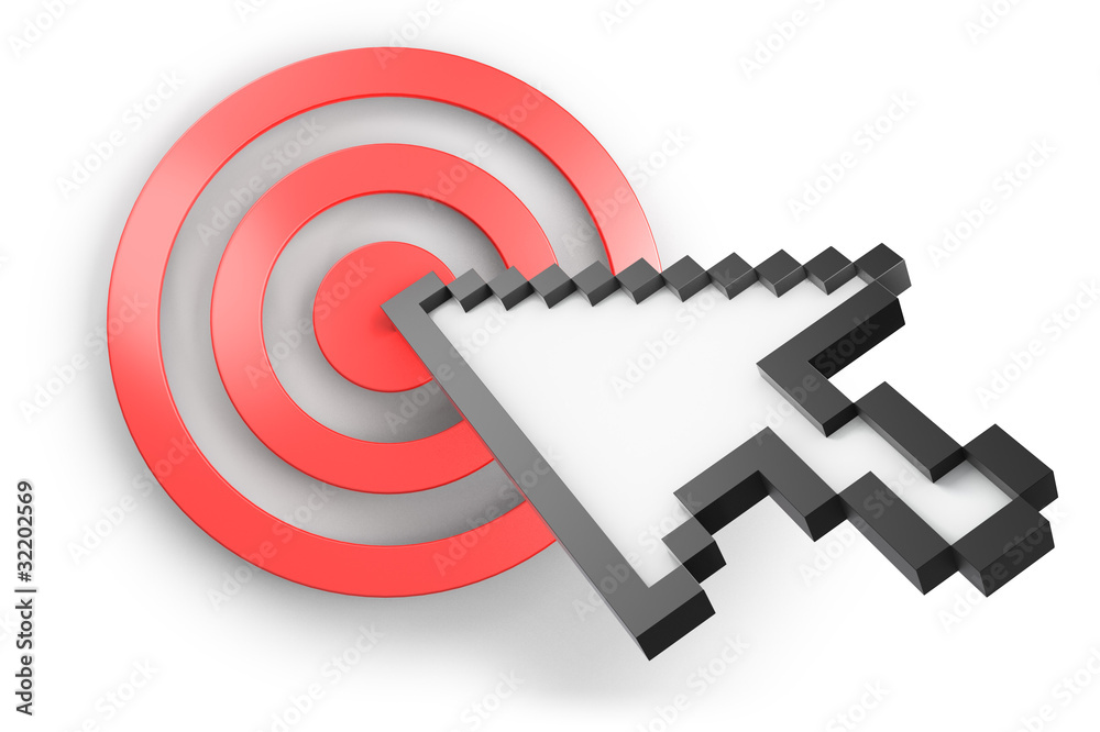 Three-dimensional computer arrow cursor pointing on red target