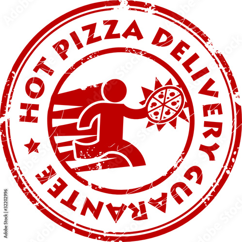 Stamp with pizza delivery man and the text Hot Pizza Delivery