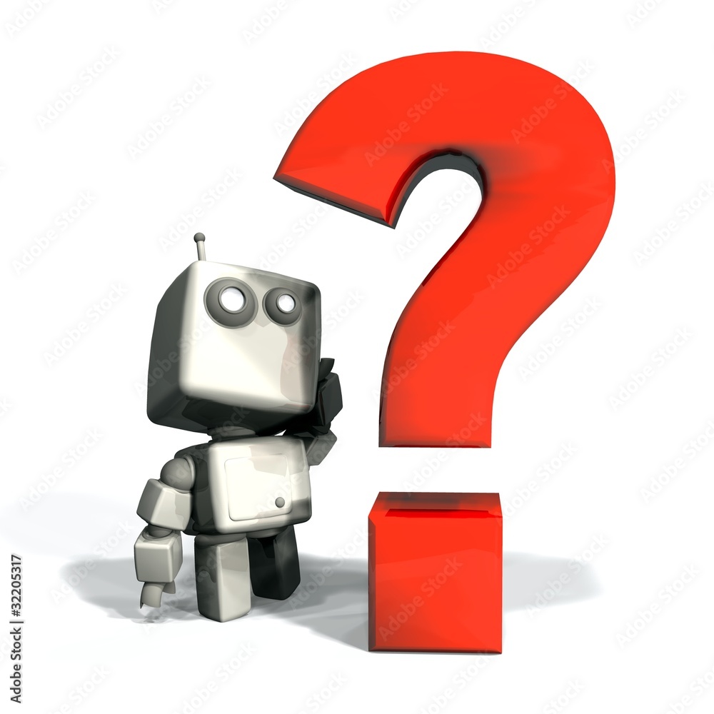 White 3D Robot with Red Question Point Isolated White 3D Robot with Red Question Point Isolated