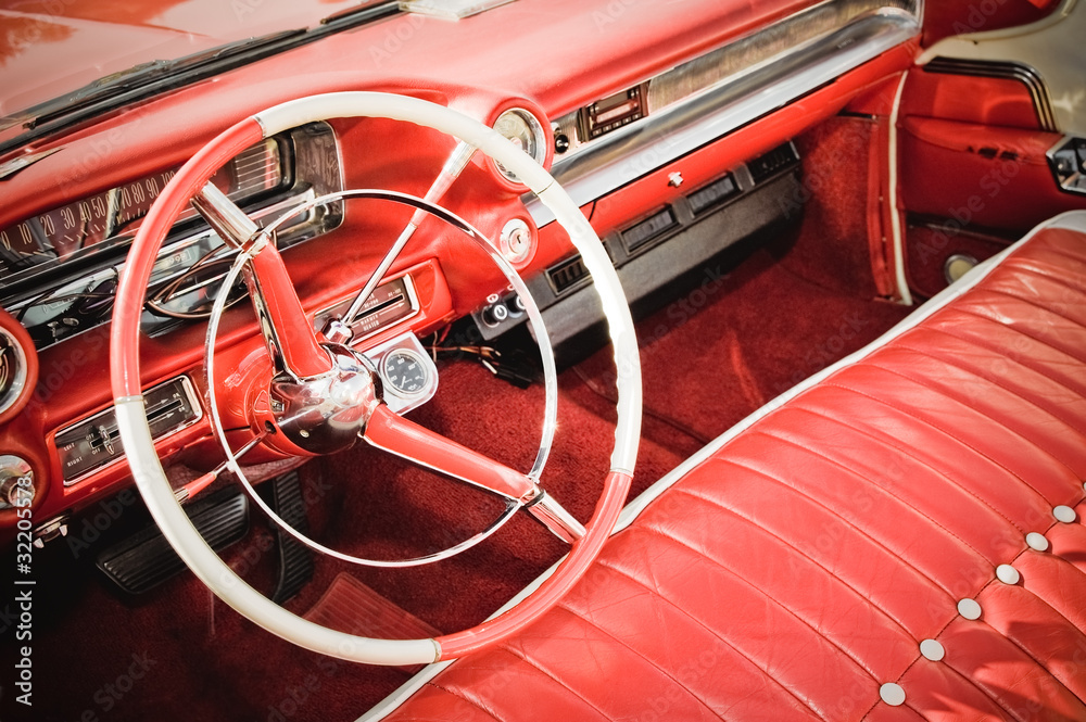 classic car interior with red leather upholstery - obrazy, fototapety, plakaty 