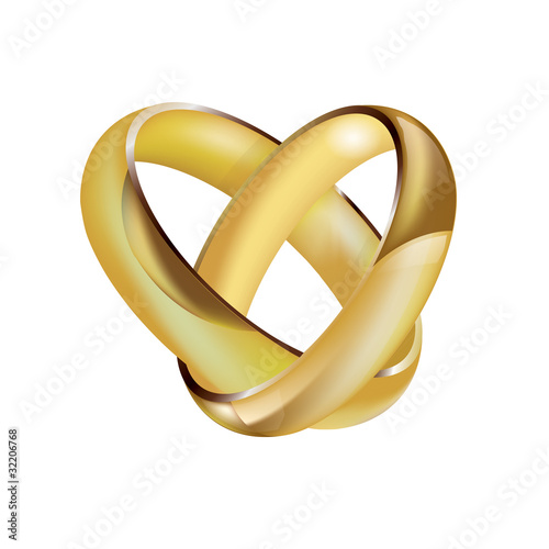A pair of intertwined ladies and mens wedding rings