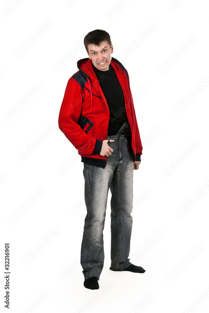 young thug in a red sweater with a gun young thug in a red sweater with a gun