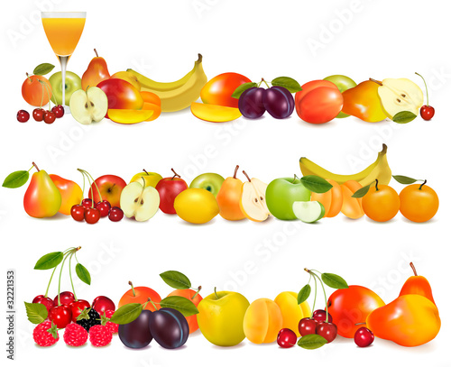 Three fruit design borders isolated on white. Vector.