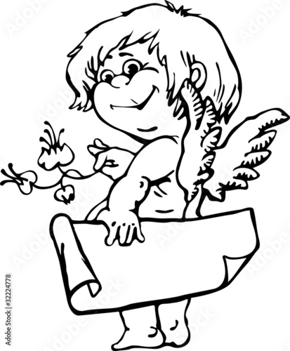 Angel with a sheet of paper. image contour, no background.