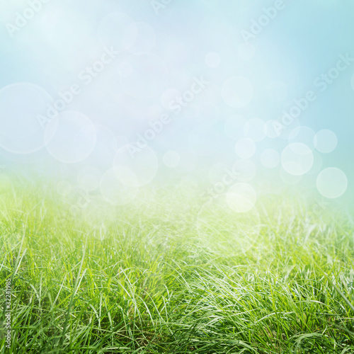 Spring nature background with grass and bokeh lights.