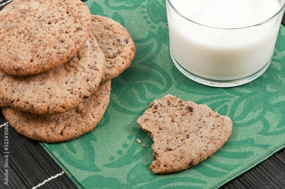 Close-up of cookies on a plate with a glass of milk Close-up of cookies on a plate with a glass of milk