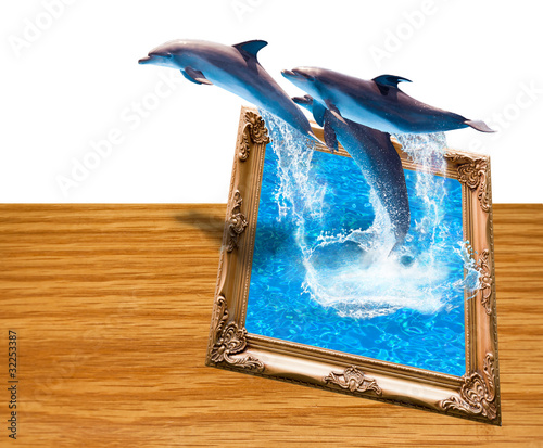 Magic photo frame with three dolphins jump photo