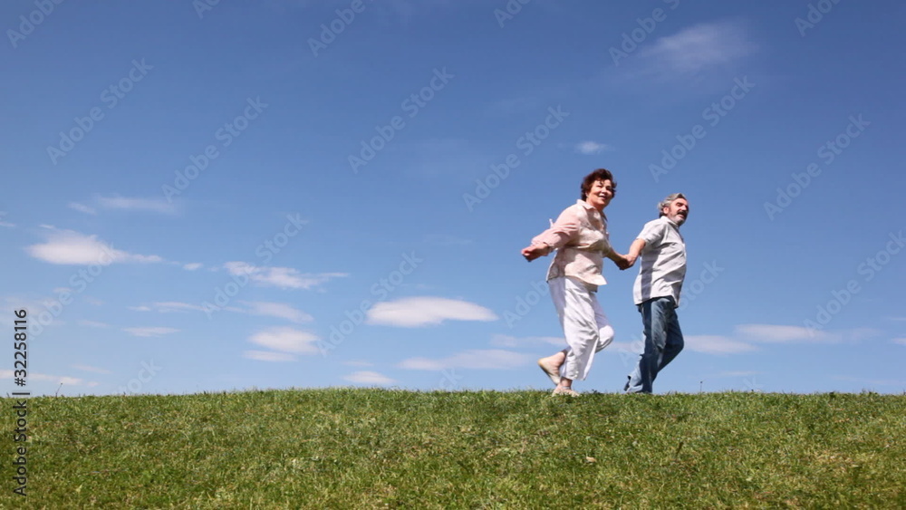 happy mature couple runs hand in hands by grass happy mature couple runs hand in hands by grass
