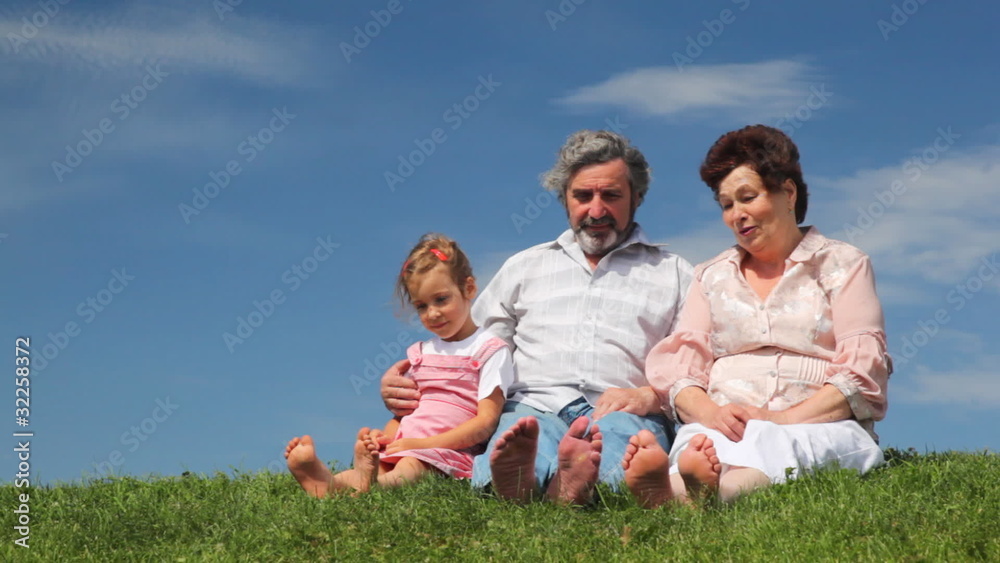 mature couple and granddaughter sit something sing on grass mature couple and granddaughter sit something sing on grass