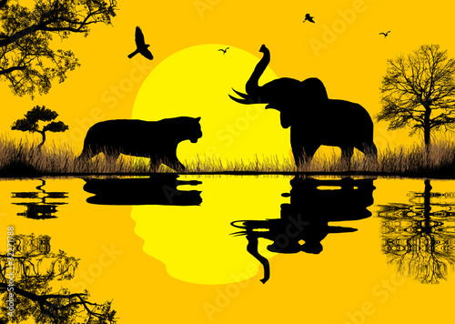 Elephant and tiger in african landscpe near water