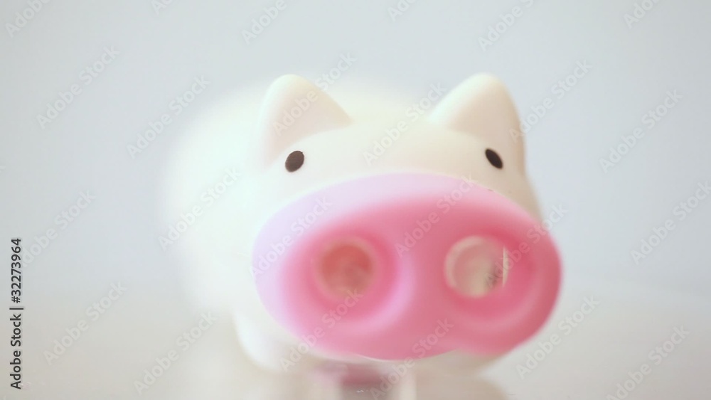 plastic white piggy with pink snout rolling around its axis plastic white piggy with pink snout rolling around its axis