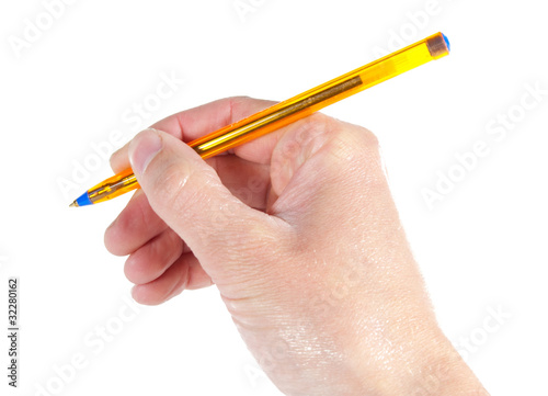 hand with pen isolated on white background