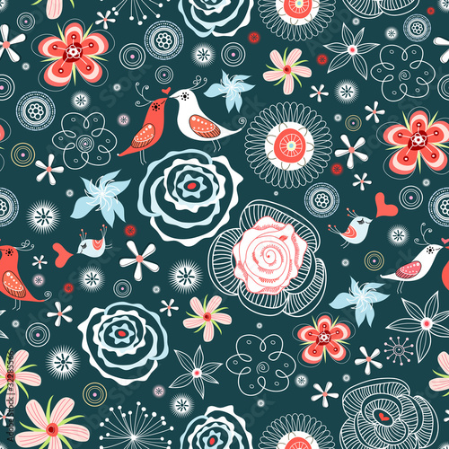 Photography floral pattern with birds in love
