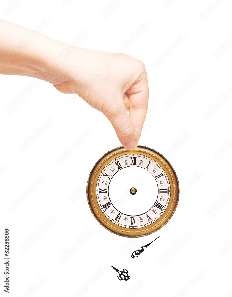 Hand with clock isolated on white background