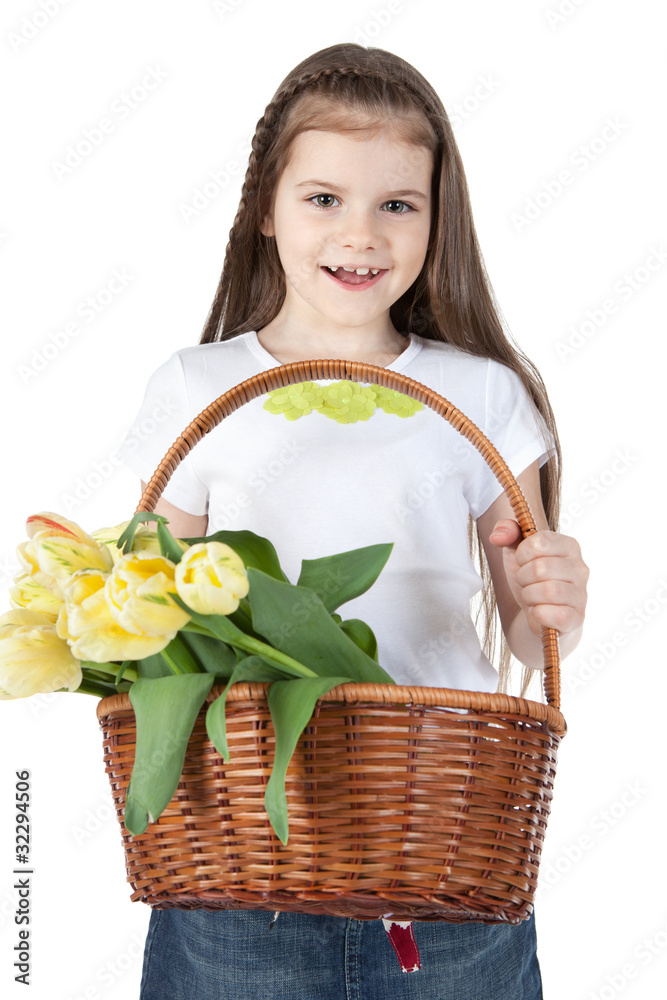 Beautiful little girl with a basket of tulips over white Beautiful little girl with a basket of tulips over white