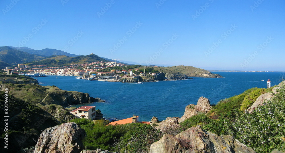 Panoramic view over Mediterranean bay of Port-Vendres, Roussillon, Pyrenees Orientales, Vermilion coast, France