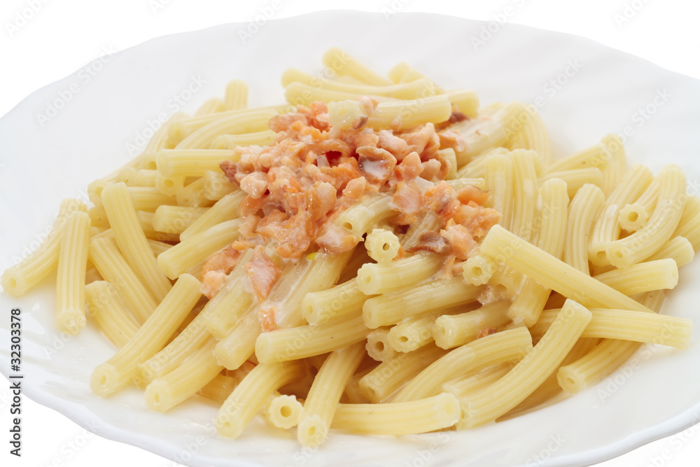 sedanini with salmon closeup - sedanini con panna e salmone sedanini with salmon closeup - sedanini con panna e salmone