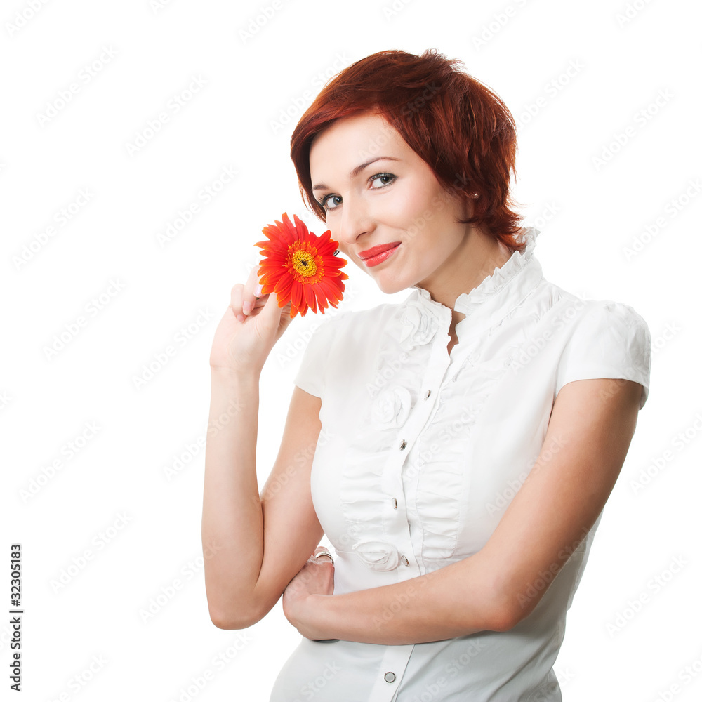 Beautiful woman with flower gerbera in her hands against white b Beautiful woman with flower gerbera in her hands against white b
