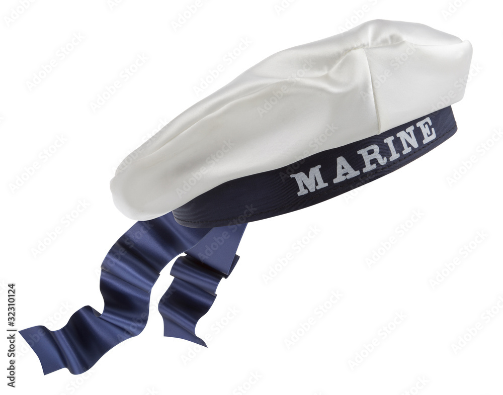 Fototapeta premium White Nautical hat with blue ribbon