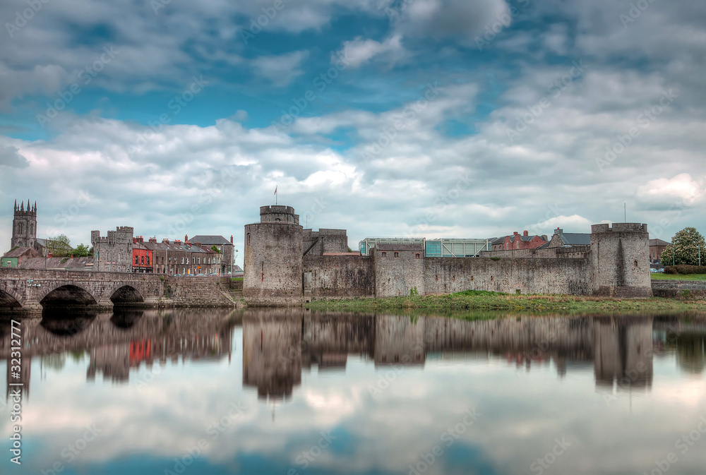 King John Castle in Limerick with reflection in Shannon river