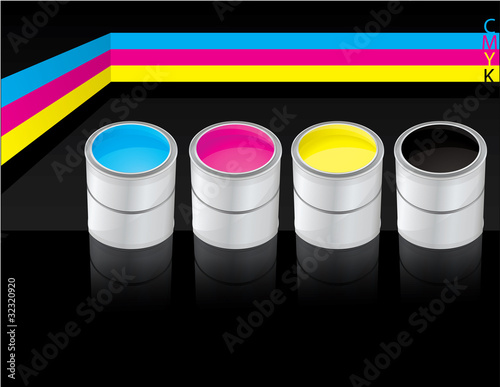 Metal buckets with four process color cmyk on black background