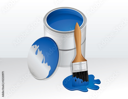 Bucket of paint and paintbrush, vector