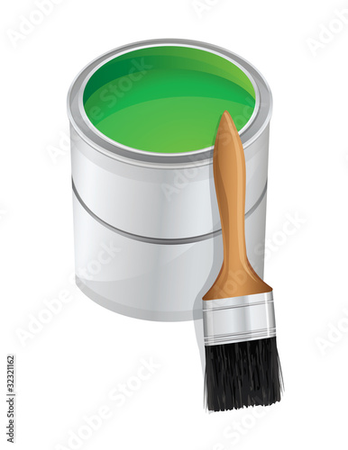 Bucket of paint and paintbrush, vector