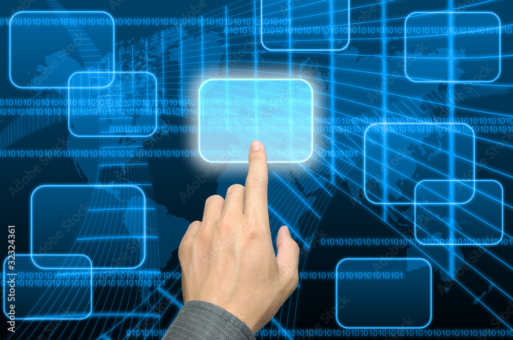 businessman hand pushing a button on a touch screen interface