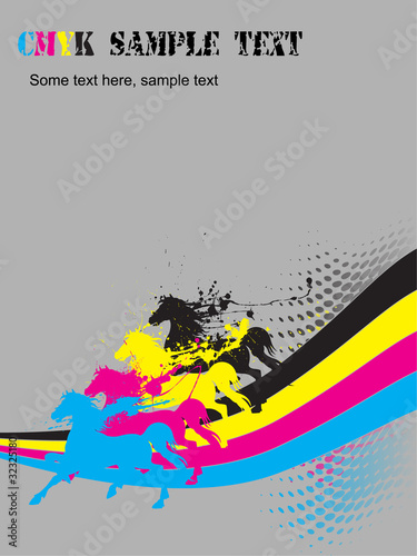 Vector illustration of  four horses with  ink splash