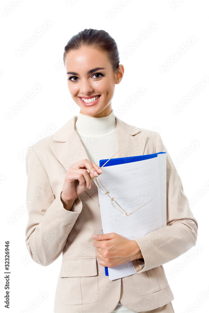 Portrait of smiling businesswoman with blue folder, isolated Portrait of smiling businesswoman with blue folder, isolated