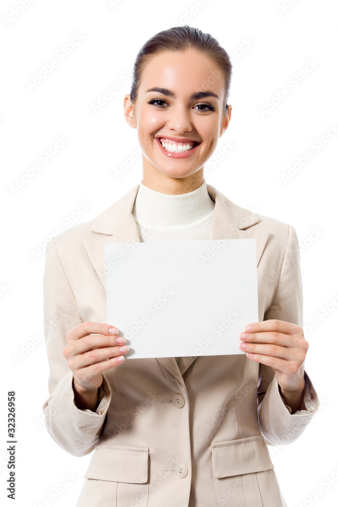 Happy business woman showing blank signboard, isolated Happy business woman showing blank signboard, isolated