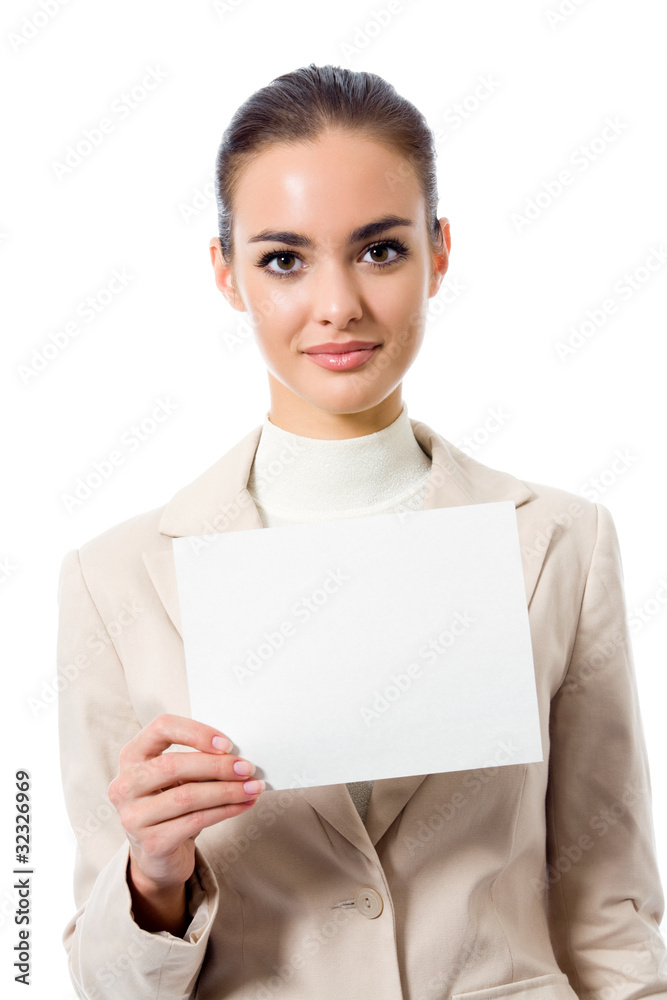 Happy business woman showing blank signboard, isolated Happy business woman showing blank signboard, isolated