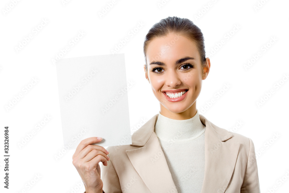 Happy business woman showing blank signboard, isolated Happy business woman showing blank signboard, isolated